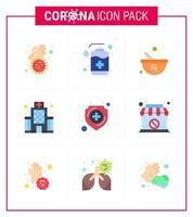 9 pacote de ícones de coronavírus covid19 de cores planas, como hospital de lavagem médica de proteção, preparação de elementos de design de vetor de doença de coronavírus viral 2019nov