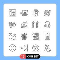 Símbolos de contorno do pacote de ícones pretos de 16 linhas para aplicativos móveis isolados no fundo branco 16 ícones definem o fundo criativo do vetor de ícones pretos