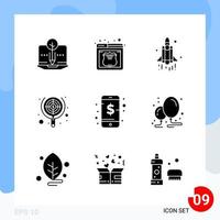 pacote moderno de 9 ícones símbolos de glifos sólidos isolados em fundo branco para design de sites vetor
