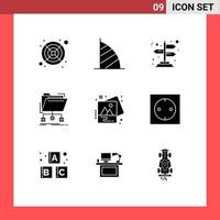 pacote de interface do usuário com 9 glifos sólidos básicos de setas de rede de fotos, pasta de dados, elementos de design vetorial editáveis vetor