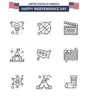 feliz dia da independência pacote de 9 linhas sinais e símbolos para o país estados unidos vídeo tenda editável eua dia vetor elementos de design