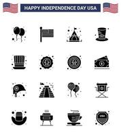 16 sinais de glifos sólidos para celebração do dia da independência dos eua acampamento americano chapéu dos eua editável elementos de design do vetor do dia dos eua