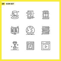 grupo de símbolos de ícone universal de 9 contornos modernos de programação de casa de terra on-line, codificação de elementos de design de vetores editáveis