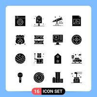 16 símbolos de glifo de pacote de ícone preto sólido para aplicativos móveis isolados no conjunto de 16 ícones de fundo branco vetor