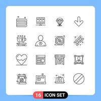 grupo de símbolos de ícone universal de 16 contornos modernos de download de brilho de folha de planta para baixo elementos de design de vetores editáveis