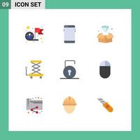 conjunto de cores planas de interface móvel de 9 pictogramas de construção de tesoura huawei carro jóia elementos de design de vetores editáveis