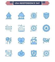 feliz dia da independência 4 de julho conjunto de 16 pictograma americano de blues de marco frankfurter águia comida segurança editável dia dos eua vetor elementos de design