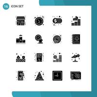 conjunto de glifos sólidos de interface móvel de 16 pictogramas do primeiro gráfico moedas análise de gráfico elementos de design de vetores editáveis