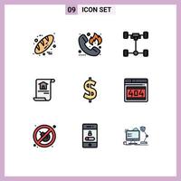 conjunto de 9 sinais de símbolos de ícones de interface do usuário modernos para moeda home hotline mecânica de documento elementos de design de vetores editáveis