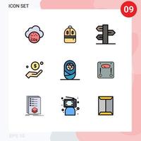 pacote de interface do usuário de 9 cores planas básicas de linhas preenchidas de mão de ajuda dinheiro de natal inverno elementos de design de vetores editáveis