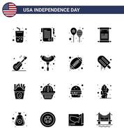 pacote de glifos sólidos de 16 símbolos do dia da independência dos eua da música eua celebram o pergaminho americano editável os elementos de design do vetor do dia dos eua