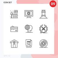 pacote de esboço de 9 símbolos universais de dinheiro, cartões de xadrez de crédito bancário, elementos de design de vetores editáveis