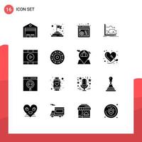 16 conceito de glifo sólido para sites móveis e aplicativos, previsão de mídia, controle da web, mercado, elementos de design de vetores editáveis