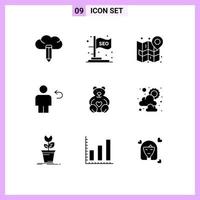 conjunto moderno de 9 glifos e símbolos sólidos, como corações, mapa humano, corpo, avatar, elementos de design de vetores editáveis