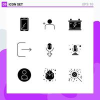 conjunto de glifos sólidos de interface móvel de 9 pictogramas de acumulador de microfone de microfone ui logout elementos de design de vetores editáveis