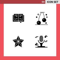 conjunto de pictogramas de 4 glifos sólidos simples de elementos de design de vetores editáveis de microfone de natal de cereja de livro