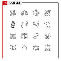 grupo de símbolos de ícone universal de 16 contornos modernos de espaço artificial bloqueado meteorito meteorito vetor editável elementos de design