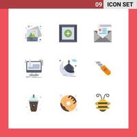 conjunto de cores planas de interface móvel de 9 pictogramas de comunicação de produção de lua fabricação de elementos de design de vetores editáveis digitais