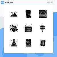 conjunto de glifos sólidos de interface móvel de 9 pictogramas de calendário de garagem de relógio de rotina amo elementos de design de vetores editáveis
