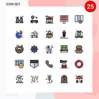 25 cores planas de linha preenchida universal definidas para verificação de mapa de aplicativos móveis e web em elementos de design de vetores editáveis de correio de serviço da cidade