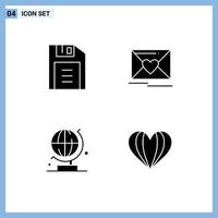 pacote de ícones de vetores de estoque de 4 sinais e símbolos de linha para disquetes de correio de ciência, coração de casamento, elementos de design de vetores editáveis