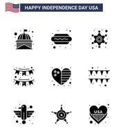 9 sinais de glifos sólidos para decoração de guirlanda do dia da independência dos eua bandeiras quentes da polícia sinal editável dos elementos de design do vetor do dia dos eua