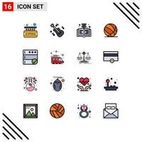 pacote de linha cheia de cor plana de 16 símbolos universais de educação de backup de servidor jogo de basquete elementos de design de vetores criativos editáveis
