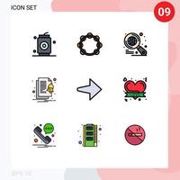 pacote de 9 sinais e símbolos modernos de cores planas de linha preenchida para mídia de impressão na web, como notificação de pandeiro direito, alerta de elementos de design de vetores editáveis
