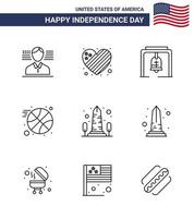 9 ícones criativos dos eua sinais modernos de independência e símbolos de 4 de julho dos eua monumento sino marco bola editável dia dos eua vetor elementos de design