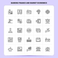 delinear 25 conjunto de ícones bancários, finanças e economia de mercado, design de estilo de linha vetorial, conjunto de ícones pretos, pacote linear de pictogramas, ideias de negócios móveis e design de ilustração vetorial vetor