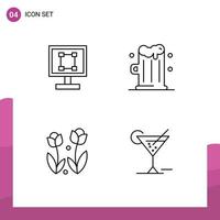 conjunto de 4 pacotes comerciais de cores planas de linha preenchida para o programa de flores de colheita bebida rosa elementos de design de vetores editáveis