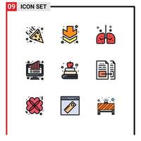 9 interface do usuário pacote de cores planas de linha cheia de sinais e símbolos modernos de pulmões de torta de livro monitor gráfico elementos de design de vetores editáveis