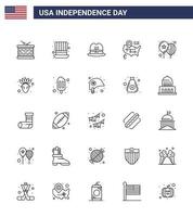 25 pacote de linha dos eua de sinais do dia da independência e símbolos de balões do dia localização americana dos eua editável elementos de design do vetor do dia dos eua