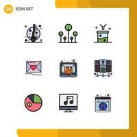 conjunto de cores planas de linha preenchida de interface móvel de 9 pictogramas de big data de coração de caixa e conceito de ciência amo elementos de design de vetores editáveis de informações brutas