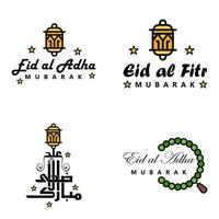 feliz de eid pacote de 4 cartões eid mubarak com estrelas brilhantes em caligrafia árabe festival da comunidade muçulmana vetor