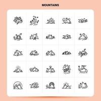 esboço conjunto de ícones de 25 montanhas vetor design de estilo de linha ícones pretos conjunto de pictograma linear pacote de ideias de negócios móveis e web design ilustração vetorial