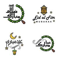 pacote com 4 fontes decorativas design de arte eid mubarak com caligrafia moderna lua colorida estrelas ornamentos de lanterna ranzinza vetor