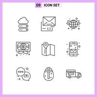 9 ícones em símbolos de contorno de estilo de linha em sinais vetoriais criativos de fundo branco para web móvel e impressão vetor