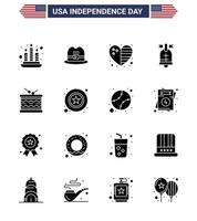16 pacote de glifos sólidos eua de sinais do dia da independência e símbolos do desfile instrumento bandeira tambor americano editável dia eua vetor elementos de design