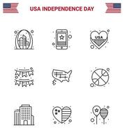 pacote de linha de 9 símbolos do dia da independência dos eua de bandeiras de festa amor americano móvel editável elementos de design vetorial do dia dos eua vetor