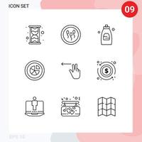 pacote de 9 sinais e símbolos de contornos modernos para mídia impressa na web, como análise de diagrama de banheiro de torta de dedos, elementos de design vetorial editáveis vetor