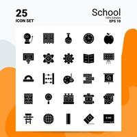 Conjunto de ícones de 25 escolas 100 eps editáveis 10 arquivos ideias de conceito de logotipo de negócios design de ícone de glifo sólido vetor