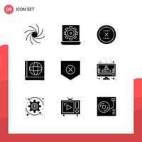 9 conceito de glifo sólido para sites móveis e escudo de aplicativos protegem elementos de design de vetores editáveis de interface de livro de cancelamento