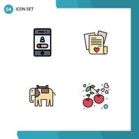 pacote de interface do usuário de 4 cores planas básicas de linha preenchida de chamar a áfrica smartphone amor elefante elementos de design de vetores editáveis