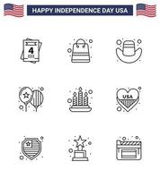 conjunto de 9 linhas modernas embalar no dia da independência dos eua boné de fogo americano dia da vela editável dia dos eua vetor elementos de design