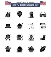 pacote de glifo sólido de 16 símbolos do dia da independência dos eua de chapéu óculos de bolo americano independência editável elementos de design vetorial do dia dos eua vetor