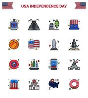 feliz dia da independência eua pacote de 16 linhas planas criativas cheias de chapéu americano boné eua americano editável dia dos eua elementos de design vetorial vetor