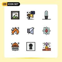 9 interface do usuário pacote de cores planas de linha cheia de sinais e símbolos modernos de elementos de design de vetores editáveis de perigo de chamas silenciosas