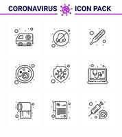 ícones de conscientização de coronavírus 9 ícone de linha corona vírus relacionado à gripe, como proteção de escudo, febre, vírus, bactérias, coronavírus viral, elementos de design de vetor de doença de 2019nov