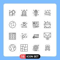 Símbolos de contorno do pacote de ícones pretos de 16 linhas para aplicativos móveis isolados no conjunto de 16 ícones de fundo branco vetor